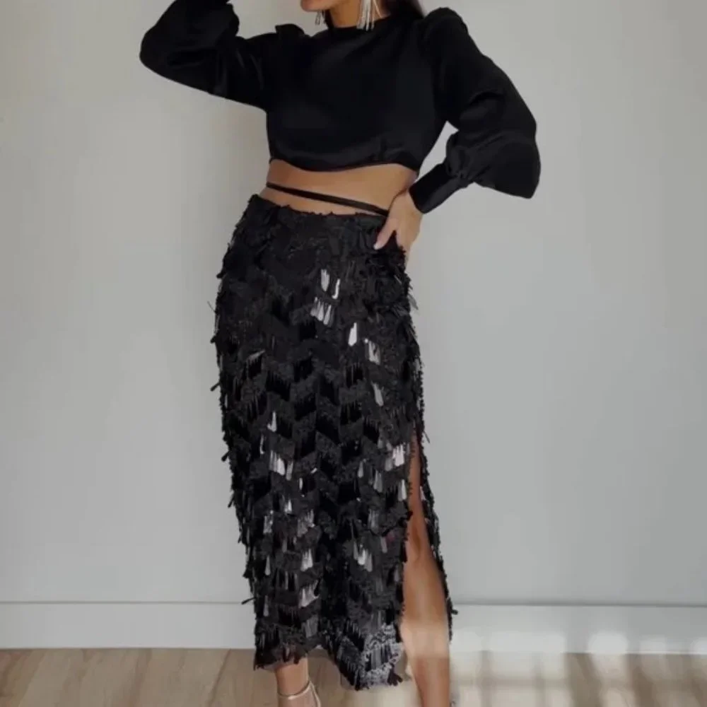 Zara Black Sequin Midi Skirt - Picture 12 of 15